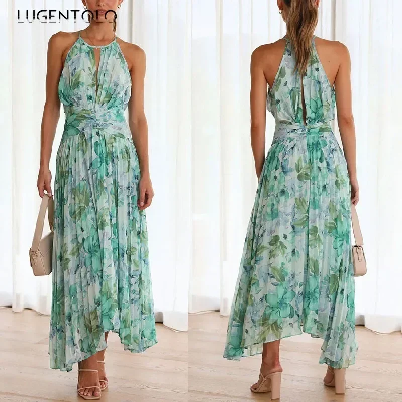 

Women Sexy Halter Dress Summer Sleeveless V-neck Big Swing Draped Lady Elegant Slim Empire Chiffon Thin Green Clothing