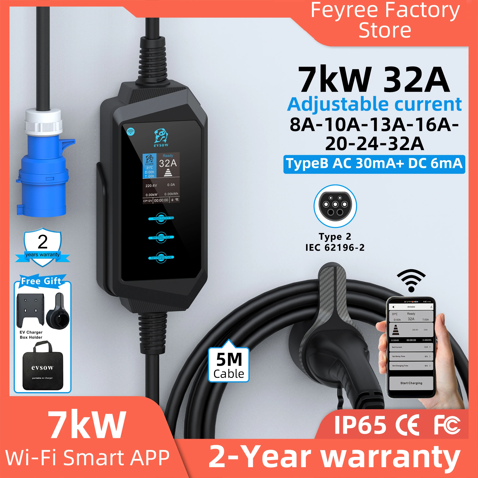 Feyree Type2 شاحن سيارات كهربائية 7KW 32A مرحلة واحدة شاحن السيارة الكهربائية مع WiFi APP التحكم قابل للتعديل الحالي ومجموعة وقت الشحن