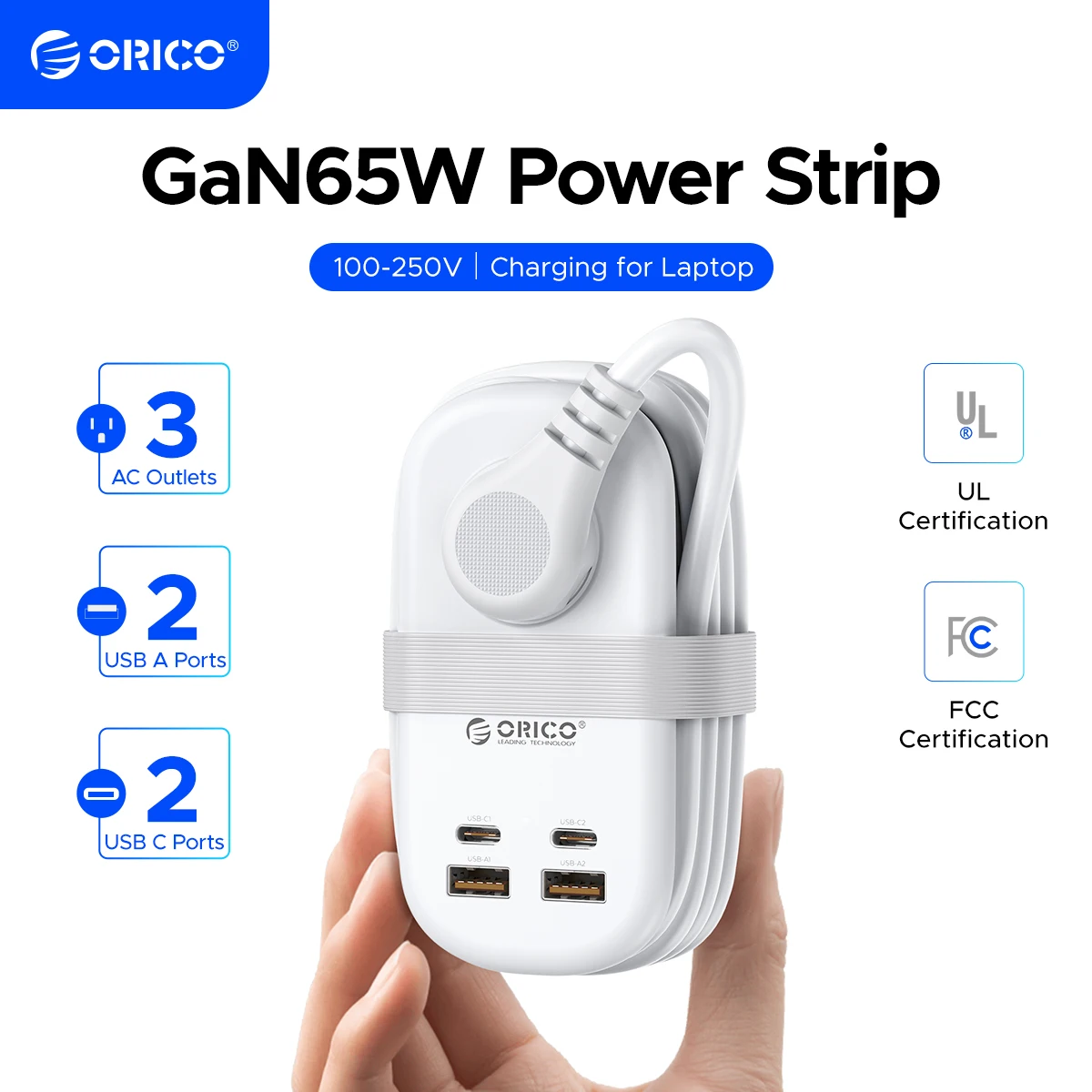 ORICO 65W Power Strip Fast Charging US Plug 3AC Outlets 2 USB 1 Type C Port Socket Extension Cord Travel Adapter Network Filter