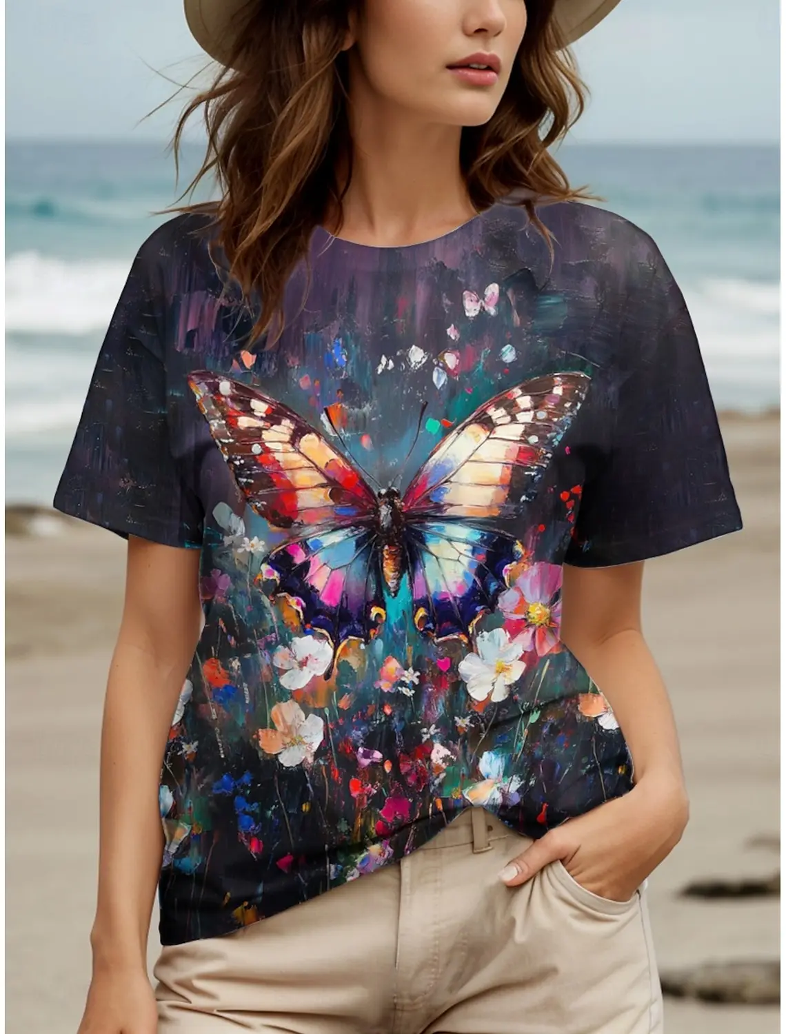 Summer Fashion Women's T-Shirt Beautiful Flowers Stylish Printed Casual Short Sleeve Crew Neck Tees Round Neck Regular Tops