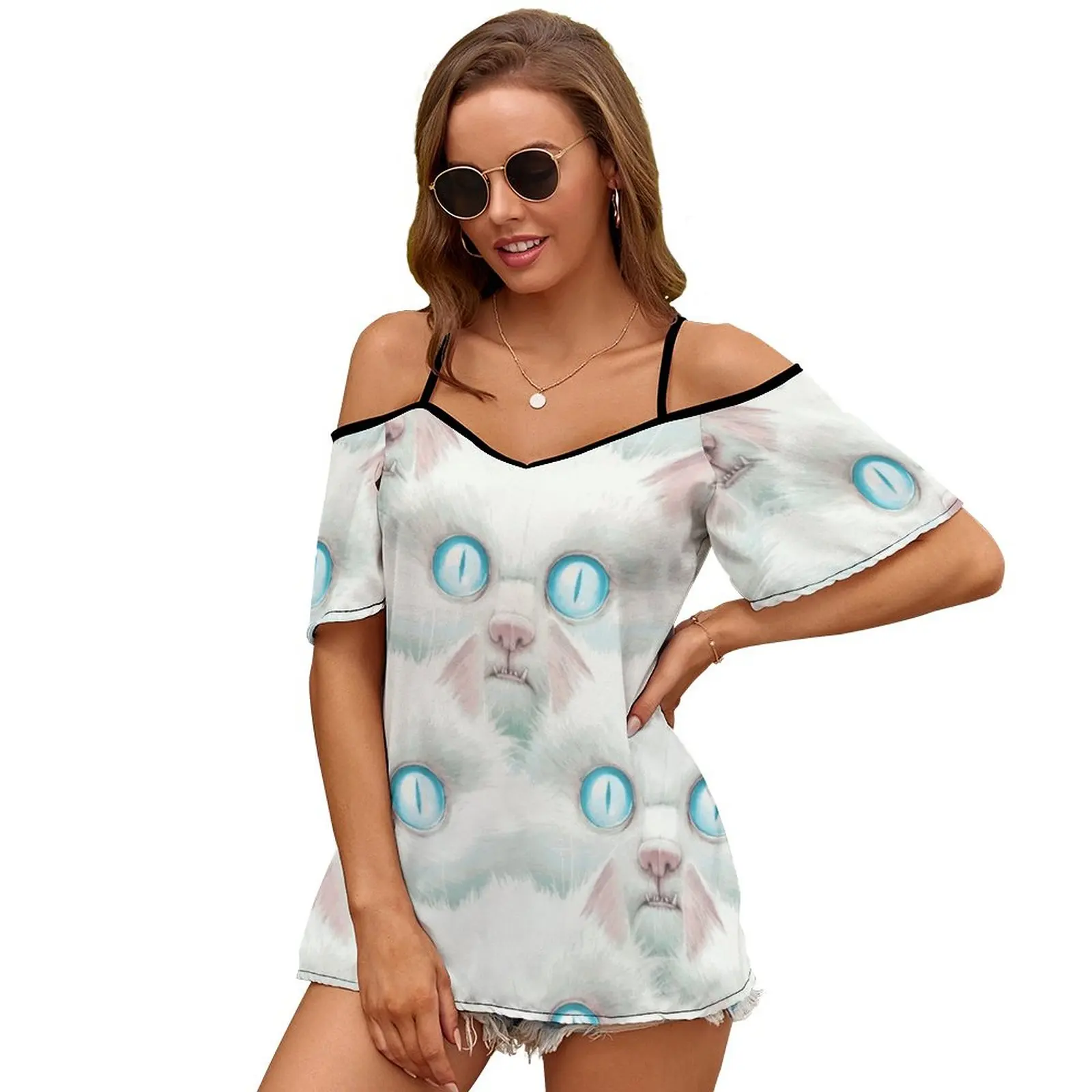 Kittehz I Women Short Sleeve Tops O-Neck Hollow Out Shoulder Strap Tees Streetwear Cats Kittens Furry Fur White Eyes Creature