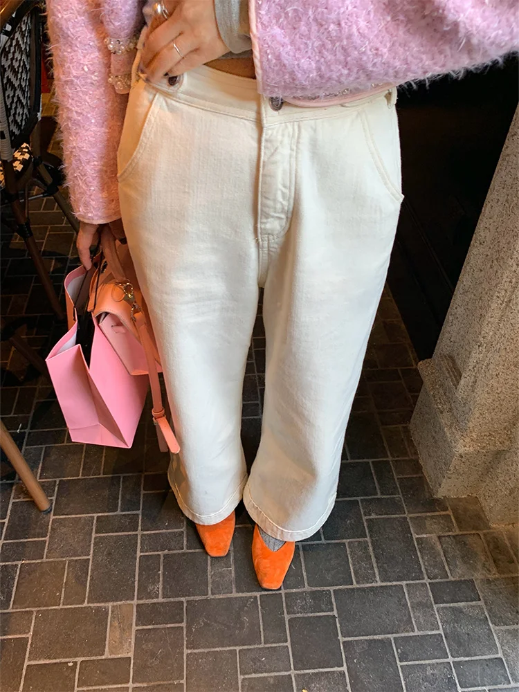 

Fleece Lined High Waist Wide Leg Denim Jeans Women's Autumn Winter White Thickened Jeans Trousers Wear Resistant Long Pants