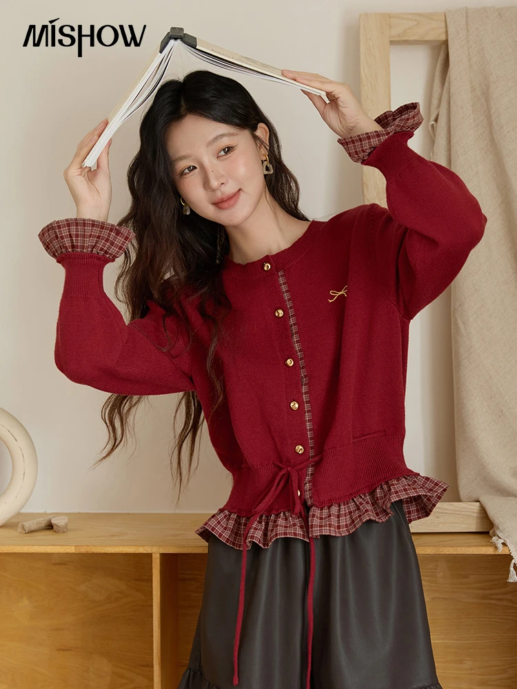 MISHOW عيد الميلاد المرأة سترة 2025 الأحمر وهمية قطعتين منقوشة المرقعة متماسكة أعلى س الرقبة واحدة الصدر ملابس خارجية MXE45Z2483 #4