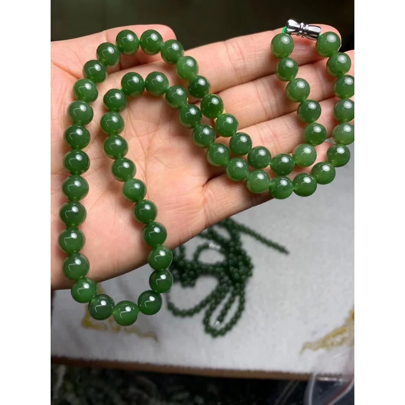 Hetian Green Jade Necklace 8M Beads Lanyard Pendant Bracelet Diy Wholesale