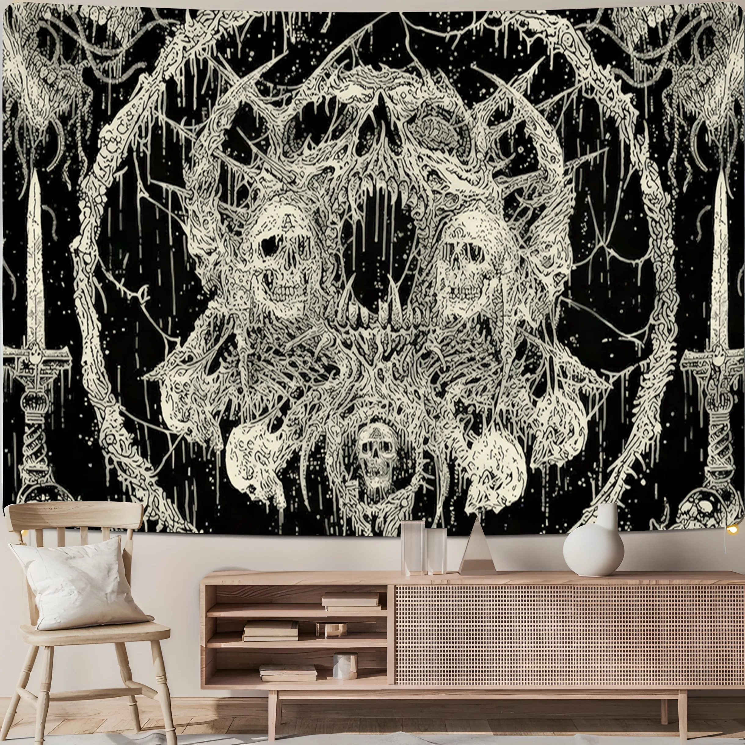 VIKAMA Dark Death Metal Wind Skeleton Sword Pattern Tapestry Black and White Gothic Spike Halloween Horror Spooky Season