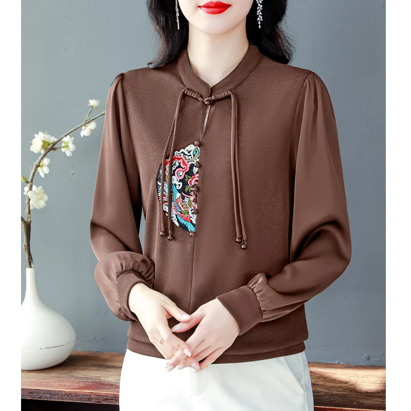 Women Chinese Style Vintage Embroidery Hollow Blouse Elegant Stand Collar Chiffon Patchwork Shirt Long Sleeve Loose Tops Blusas