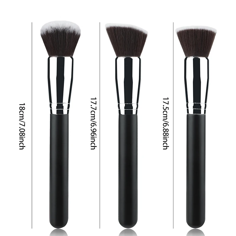 Conjunto de pincéis de maquiagem 3 peças, pincel plano de base kabuki para pó de creme líquido, mistura de contorno facial completo, base facial grande m