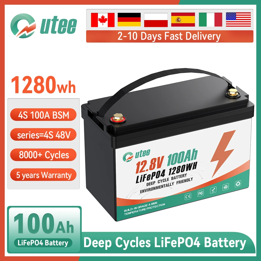 LiFePO4 12V 100Ah Battery Pack 12.8V 1280Wh Grade A 8000+ Cycle RV Camper Boat Solar Off-Road Off-grid Lithium Battery EU NO TAX