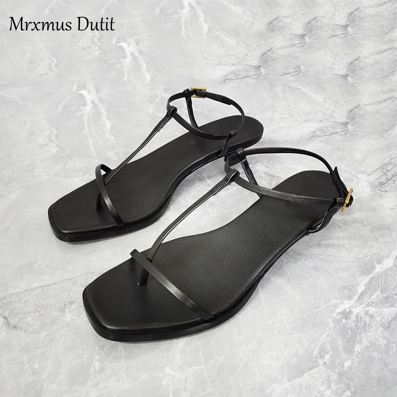 Mrxmus Dutit2024 New Spring Summer Women Genuine Leather T-strap Sandals Mid Heel Sandals Solid Casual Elegant Shoes Female Chic