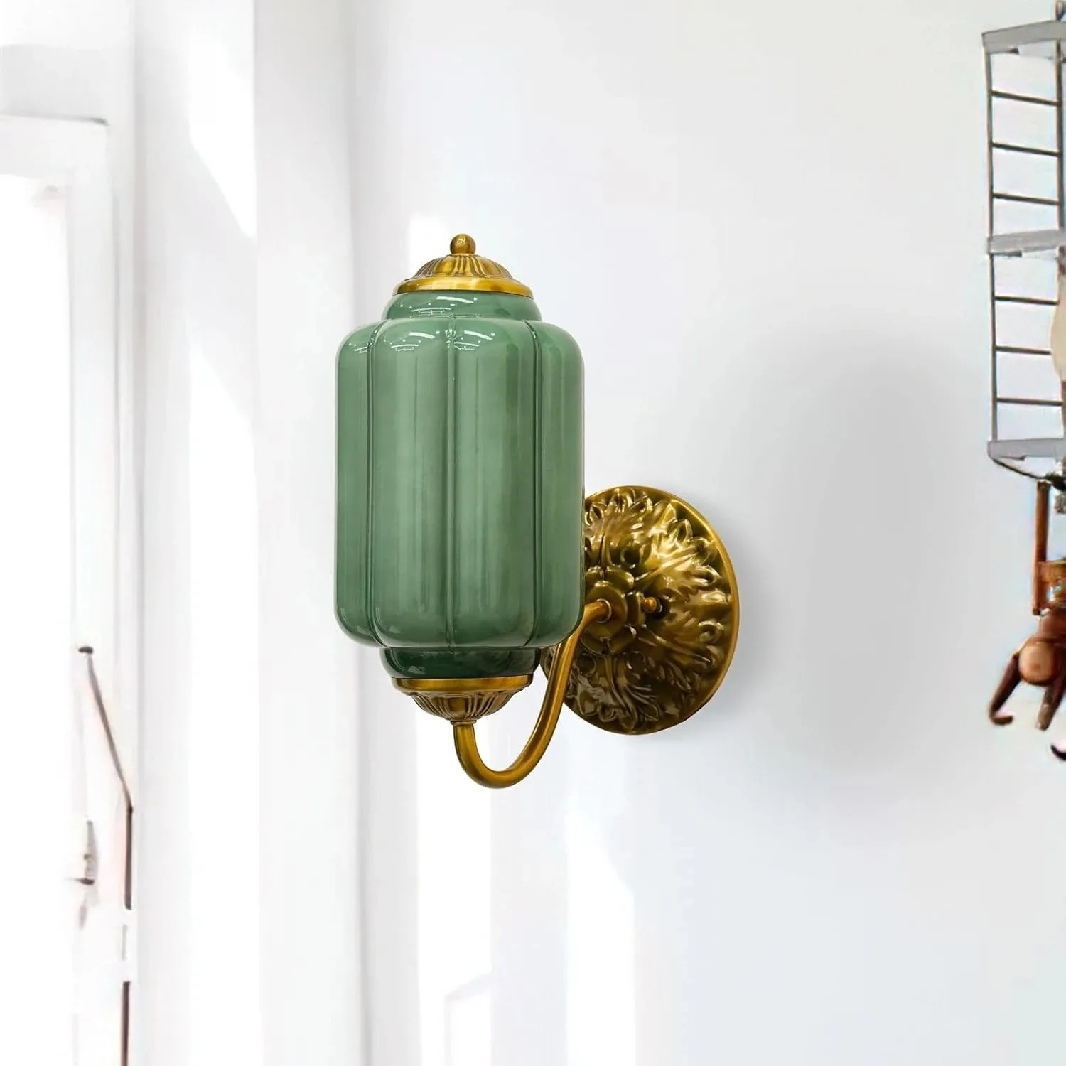 

Retro green Glass Wall Lamp for Living Room Aisle Wall Sconce copper LED bedroom Bedside Brass Antique Indoor Lighting Fixture