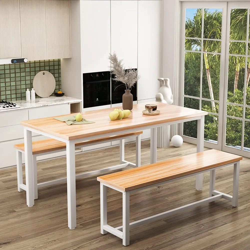 

4-Piece Farmhouse Dining Set with Table & 2 Benches, Compact Wooden Design for Small Spaces