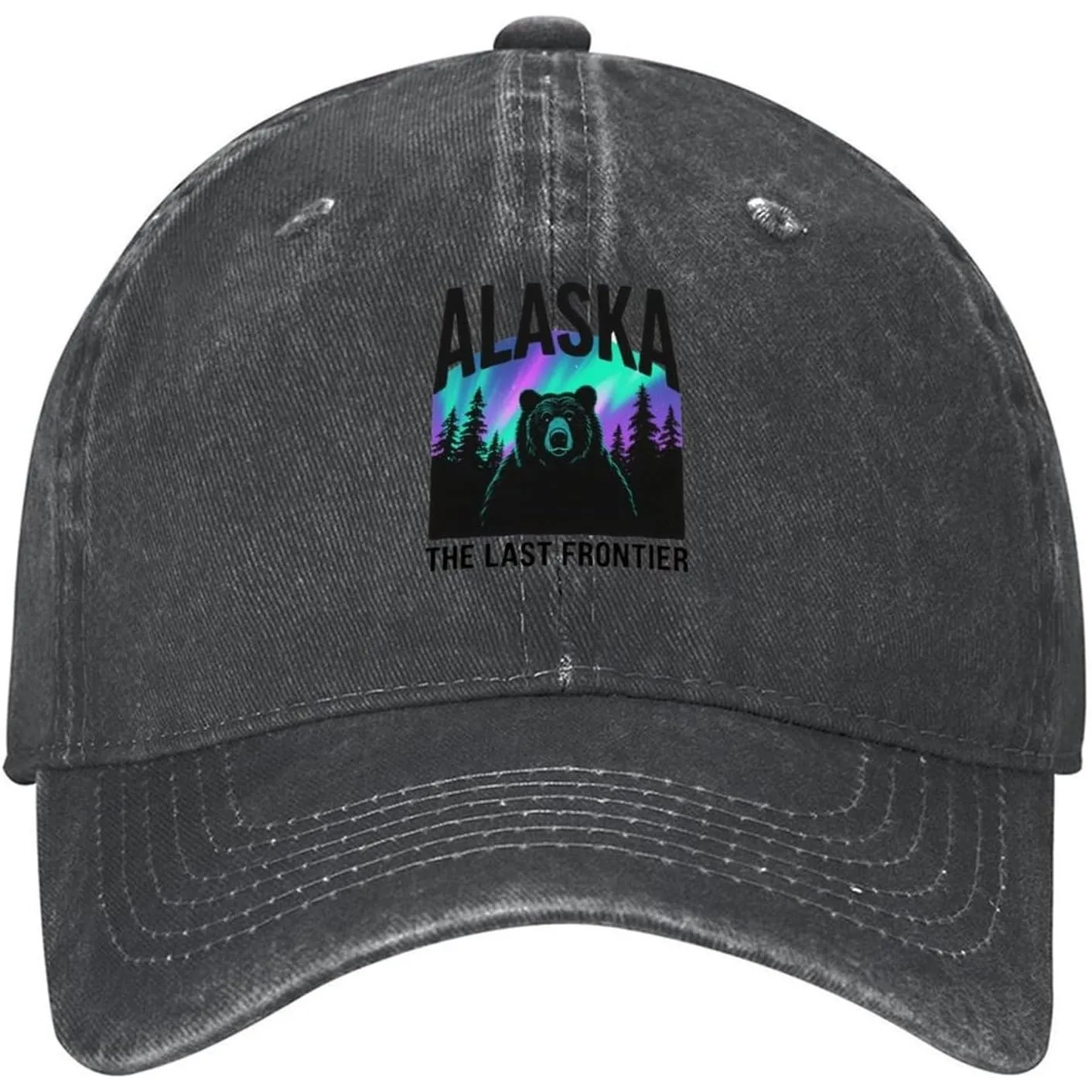 Northern Lights and Alaskan Bear Unisex Washed Denim Cap Baseball Hat