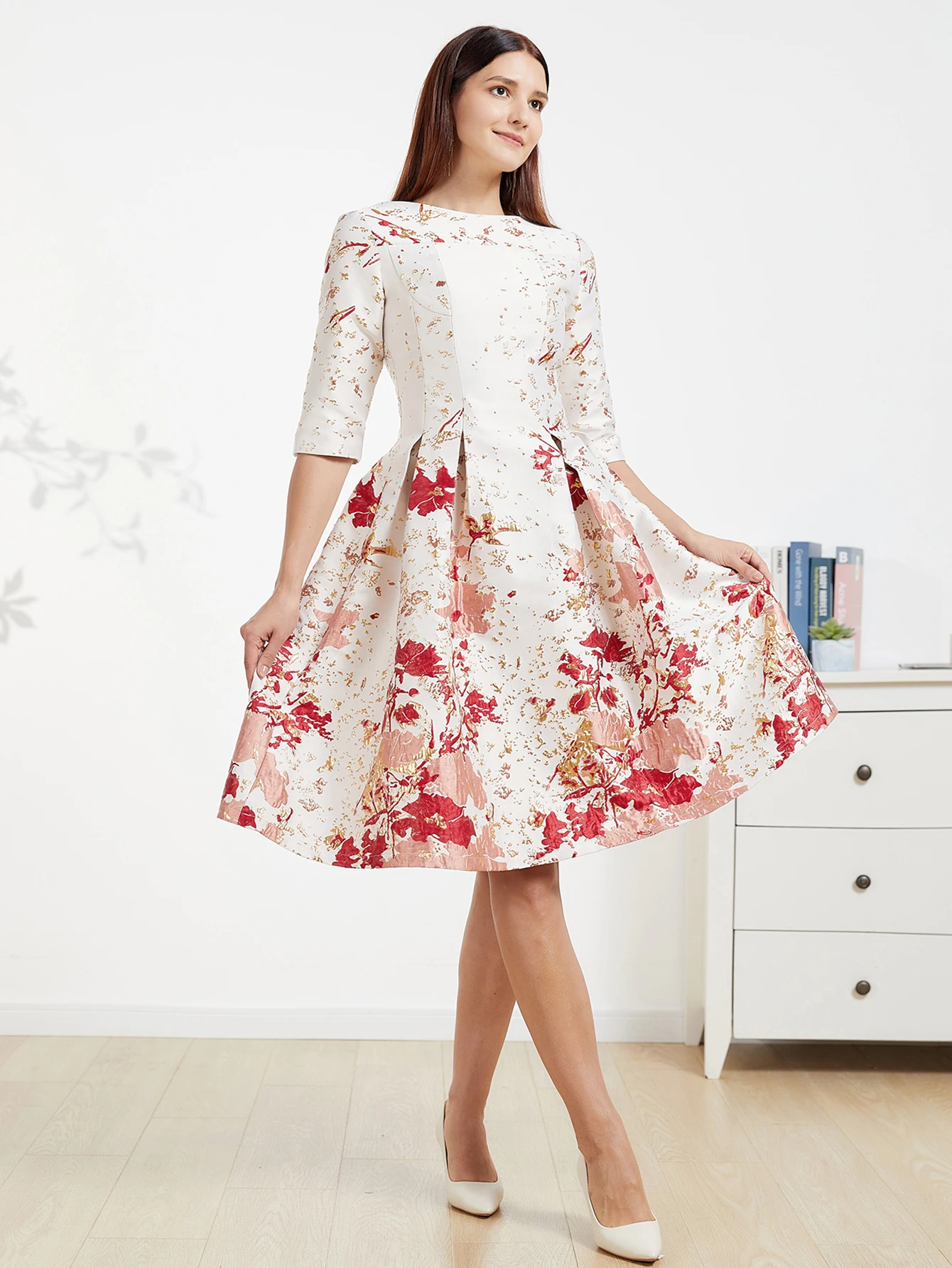 DEVCHATA-Robe Jacquard de Luxe Mi-Longue pour Femme, Tenue de Soirée Florale, Col Rond, Formelle, Éducative, à la Mode, Nouvelle Collection Printemps