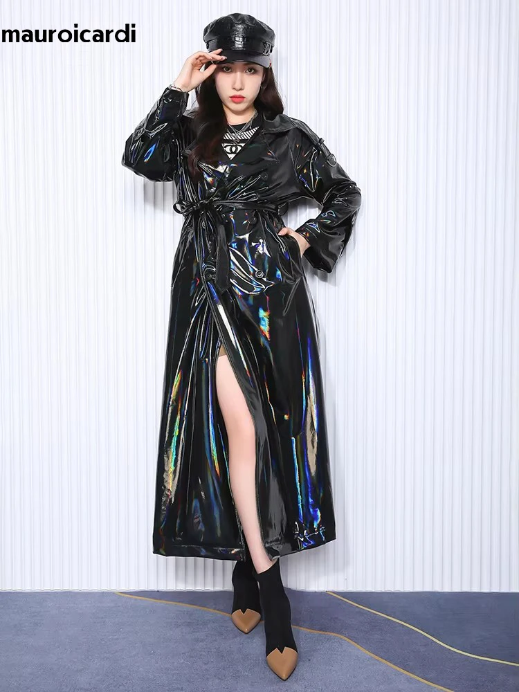 Mauroicardi Frühlings-Trenchcoat, weich, dünn, fließend, glänzend, reflektierend, holografisch, schwarz, PVC-Kunstleder, für Damen, Maxi, Y2K-Streetwear