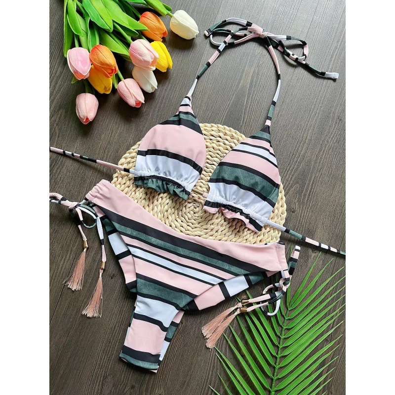 

New Print Split Bikini Swimsuit Sexy Braid Rope Triangle Women Swimwear Swimming Suit