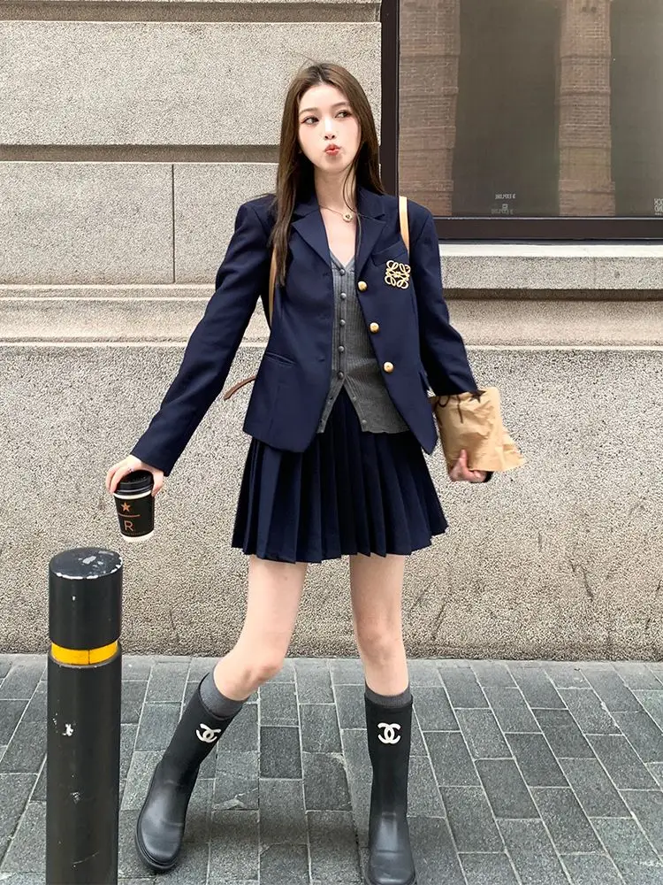 Japan Korea Retro School Uniform Autumn Winter New Women College Style Blazer Suit Jacket High Waist Jk Daily Jk Unifrom Set