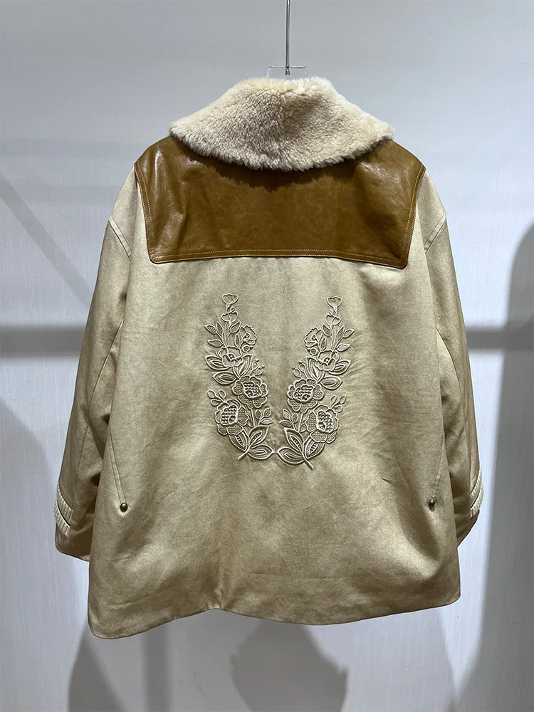 2025 herbst Winter frauen Natürliche Echte Lamm Schafe Pelz Kragen Denim Gans Unten Jacke Outwear Luxus Weibliche Puffer Mantel