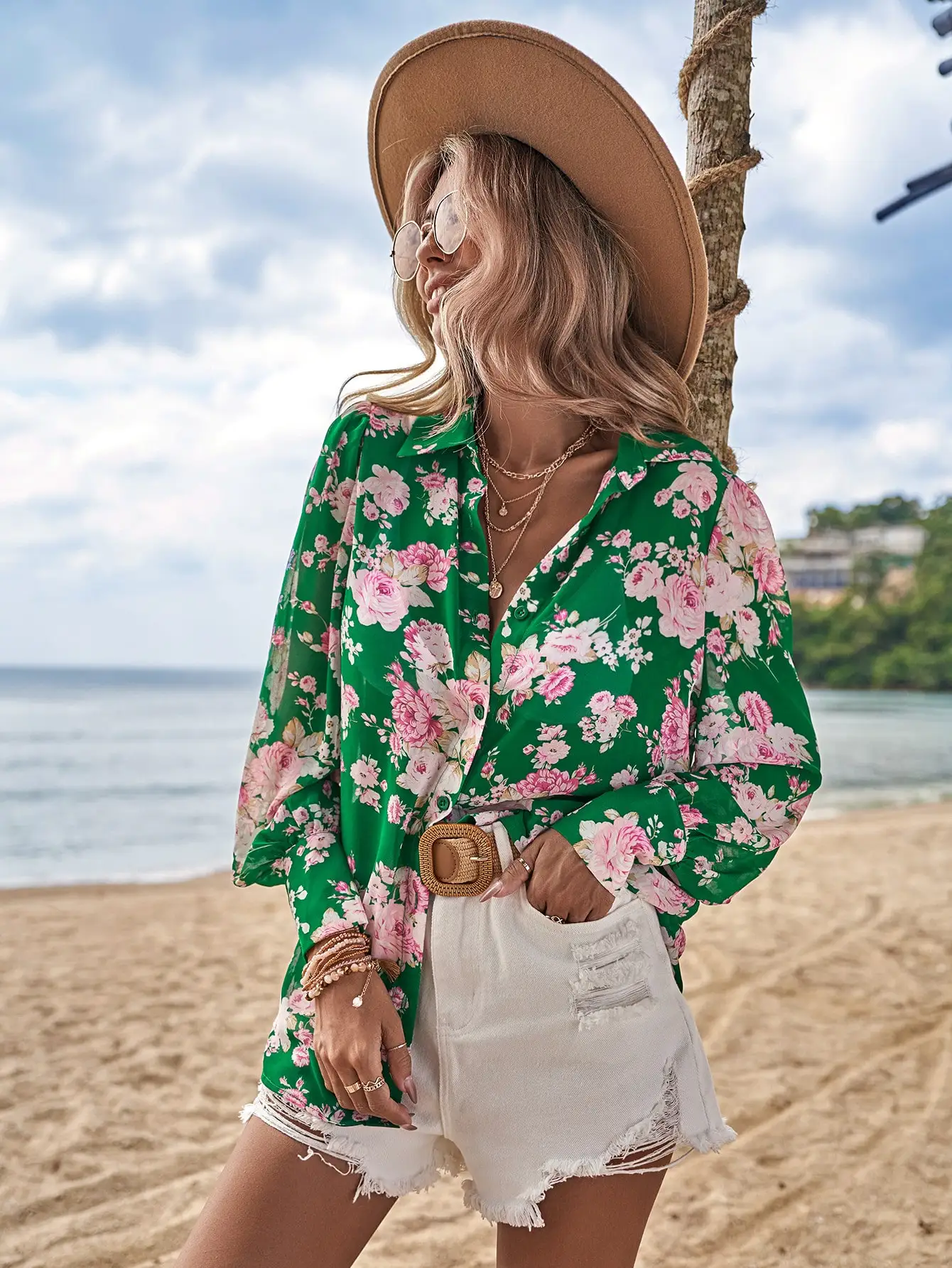 

Блузка с цветочным принтом и пуговицами спереди для женщин, в стиле бохо, пляжная, повседневная, весенняя