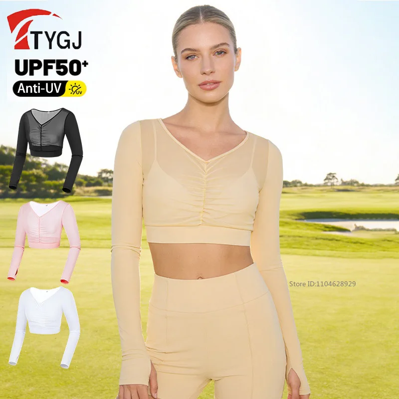 TTYGJ Sports Shirt Golf UV Ice T-shirts Long Sleeve Cooling Underwear Sunscreen Cycling Shirt V-Neck Cropped Top Golf Clothing