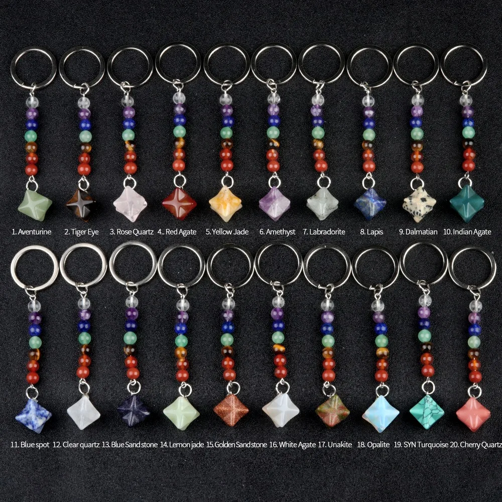 

10pcs Carving Melcaba Star Stone Key Rings 7 Chakra Beads Chain Gem Charms Keychains Healing Crystal Keyrings for Women Men