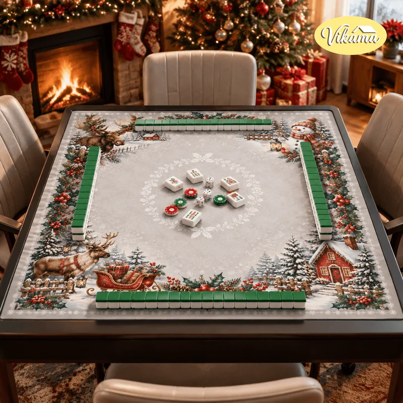 VIKAMA Christmas Mahjong Mat Snowman Reindeer Santa Tree Print Square Game Table Cover Holiday Party Winter Cozy Decor