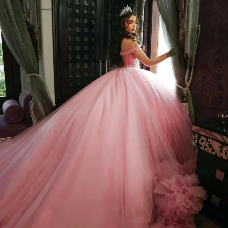 

Customized Mexican Pink Shiny Quinceanera Dress Ball Gown Ruffles Beading Corset Sweet 16 Vestido De 15 Anos