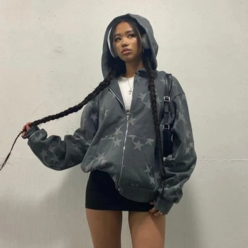 Europa Amerikanischen High Street Star Print Lose Beiläufige Mode Strickjacke Zipper Mit Kapuze Sweatshirt Mantel Herbst Winter männer frauen