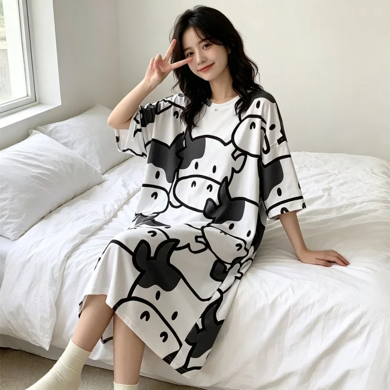 Kawaii Cow Print Oversized Nightgown Women  Loose Long Sleep Dress Soft Casual Ladies Homewear