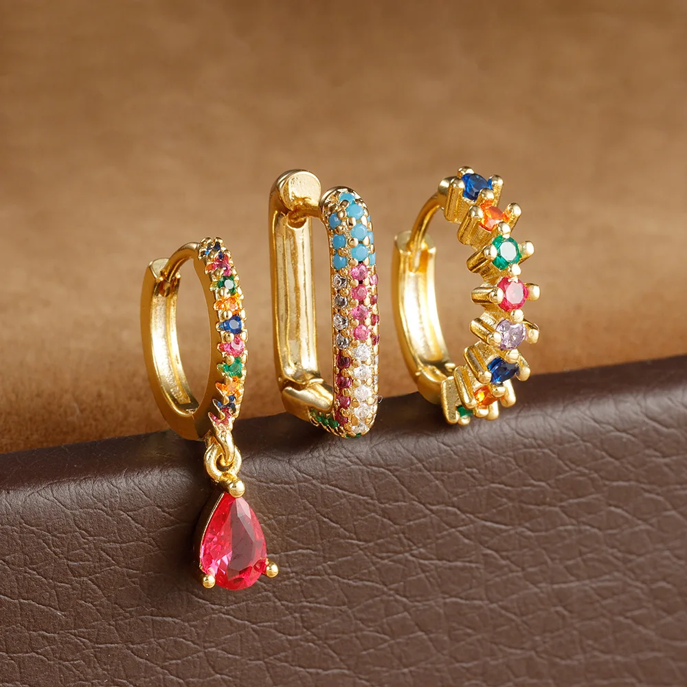3PCS Exquisite Geometry U-shaped Earrings Set for Women Vintage Gold Color Elegant Zircon Hoop Earrings Winter Jewelry Gifts