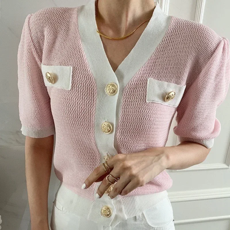 Contrast V-neck Cardigans Femme Short Sleeve Sweater Single Breasted Ropa Mujer Korean Simple Knitwears Summer 2024 Sueters