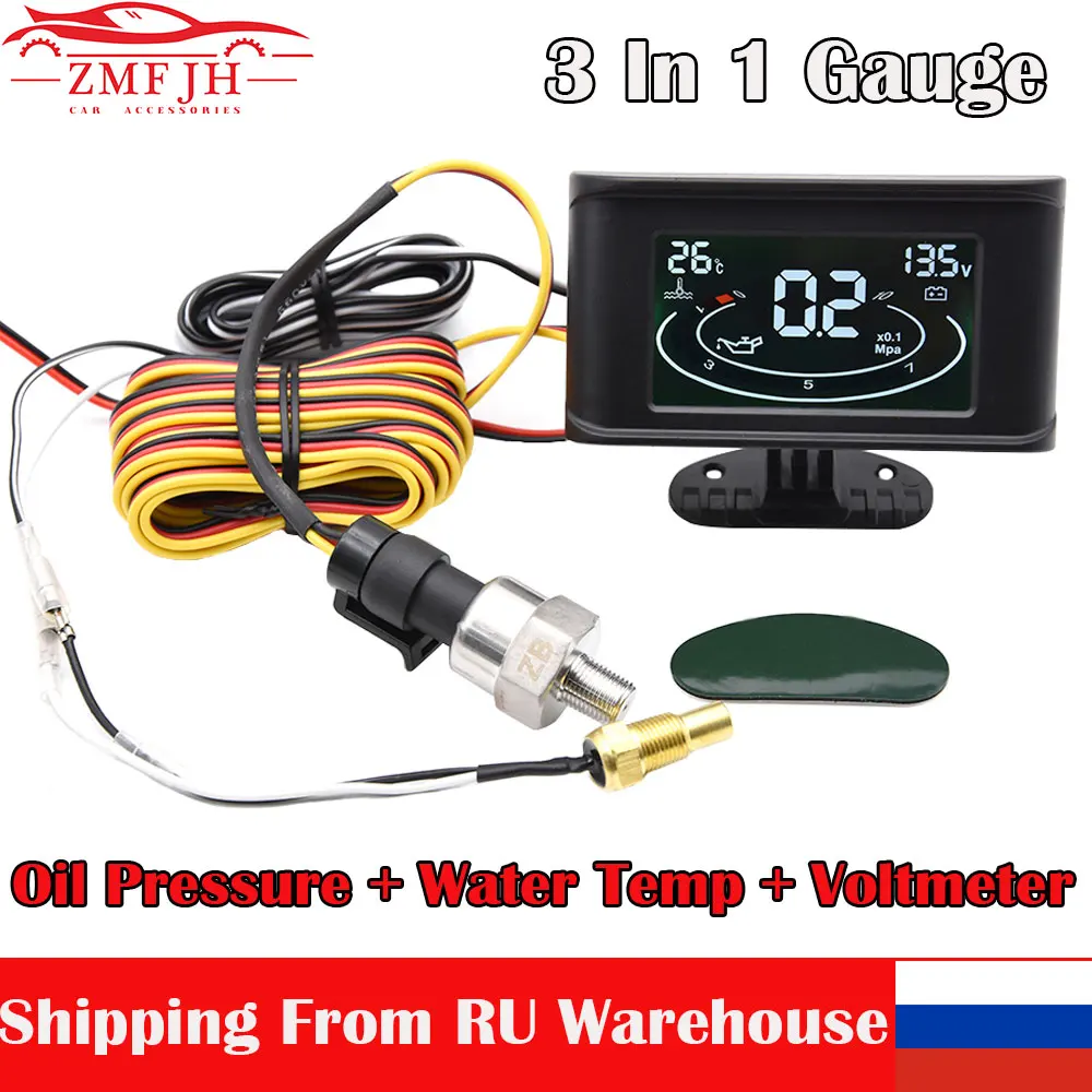 3 In 1 LCD Digital Car Gauge Universal Oil Pressure+Water Temp+Voltage Meter 12/24V Multi-Function Gauge for Car Excavator Truck