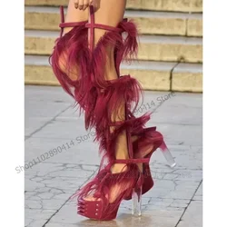 Burgandy Fur Hollow Design Crystal Heel Runway Boots Back Zipper Women Shoes Chunky High Heels Banquet 2025 Zapatos Para Mujere