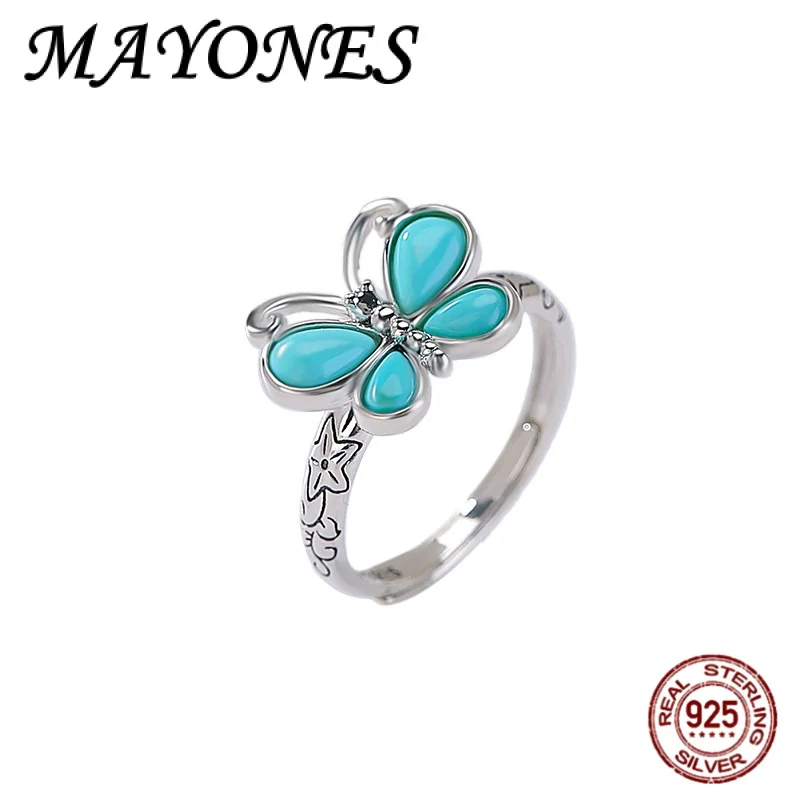 

NEW S925 Pure Silver Natural Turquoise Butterfly Ring For Women With a Light Luxury Temperament Plum Blossom Adjustable Ring