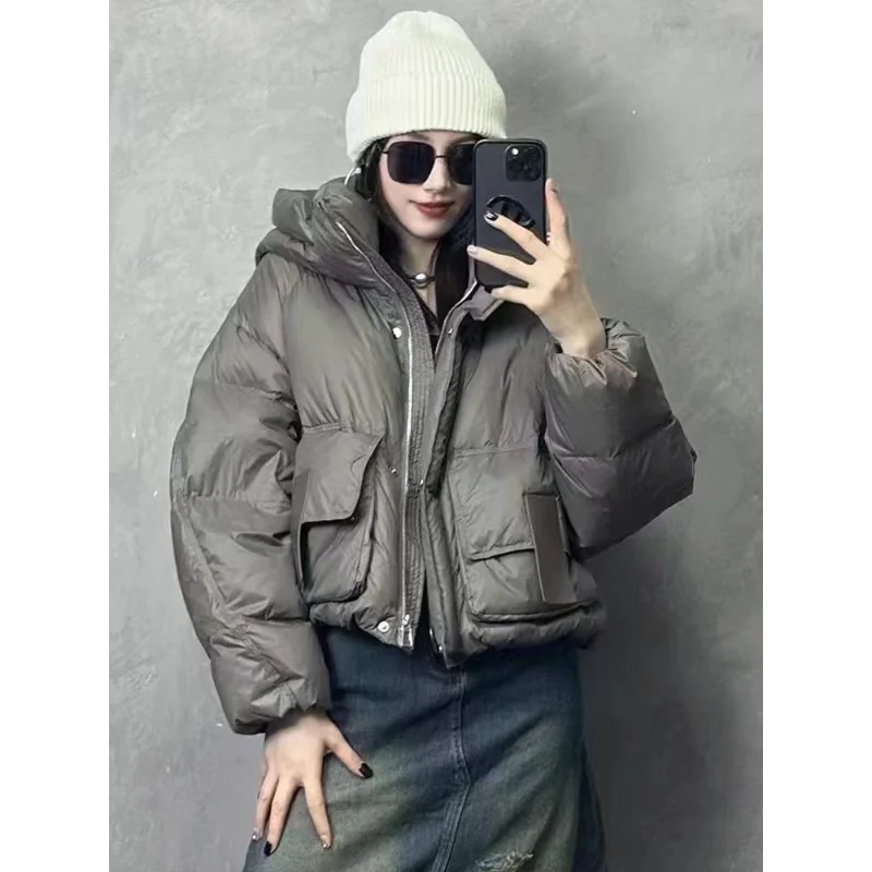 Short White Duck Down Jacket, Thickened Casual Warm Bread Clothing, Monochromatic Hooded Parker Coat, Autumn and Winter, New