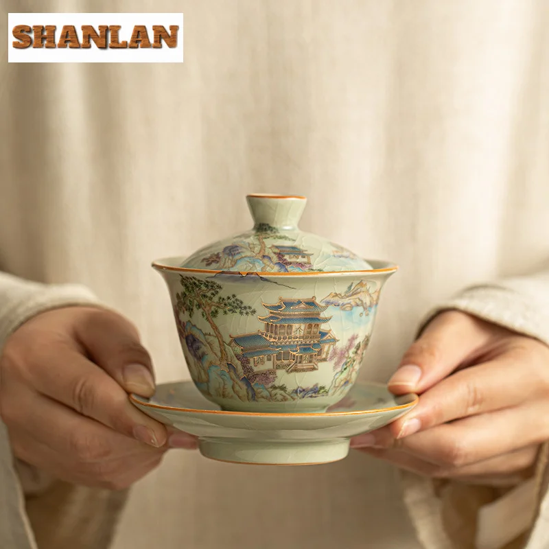 Retro Ru Kiln Sancai Cover Bowl Gold Painting Landscape Teapot Tea Maker Kettle Tea Cup Dahongpao Tea Ceremony Accessories Craft