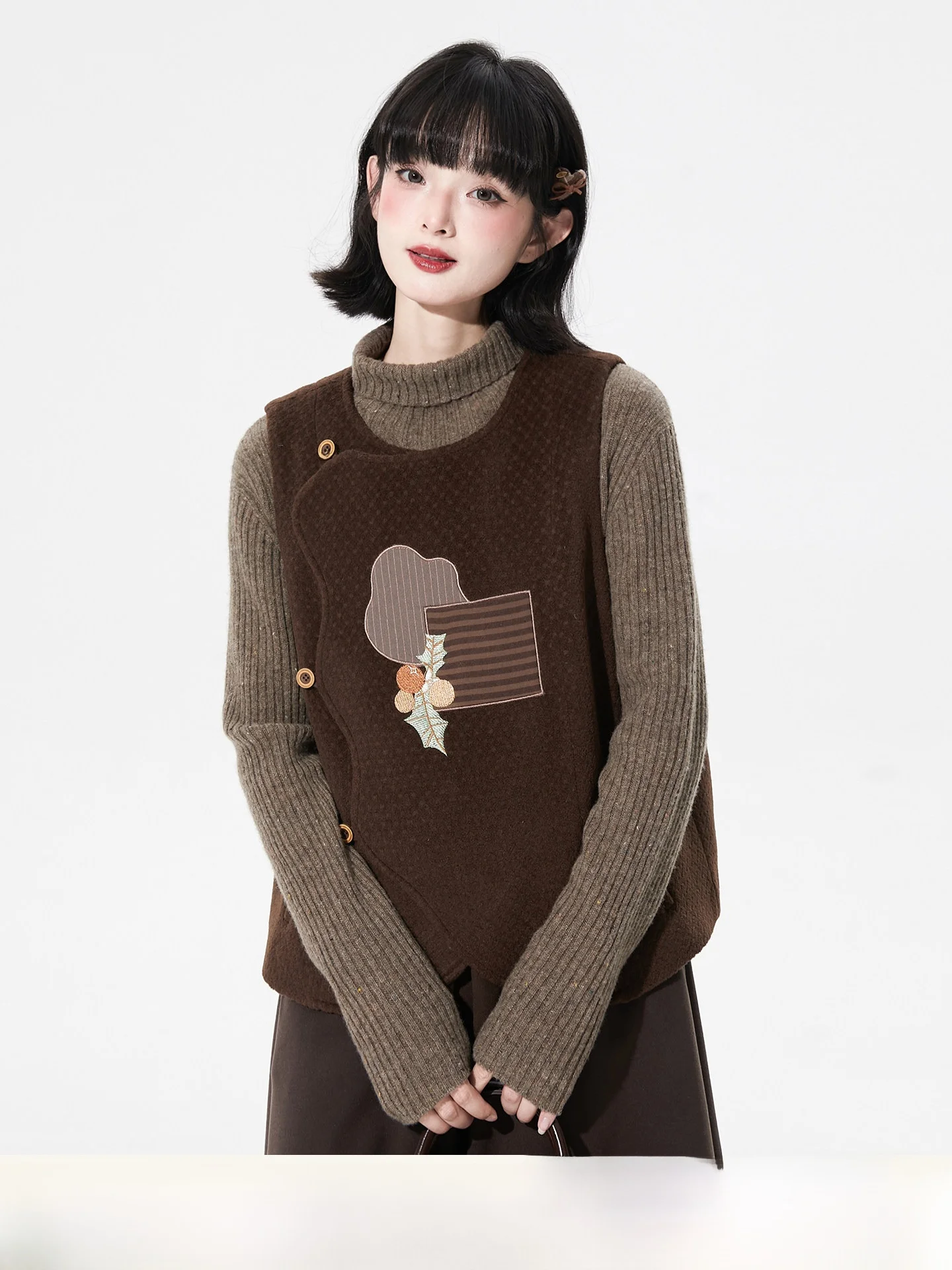 

Cisas Sle Embroidered Patchwork Cotton Woolen Vest Women's Outerwear Loose Fit round Ne mid Thiening Poly Fiber