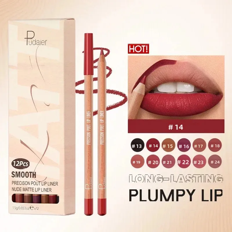 Conjunto de delineador labial fosco de veludo de precisão, 12 peças, à prova de manchas, à prova d'água, kit de maquiagem de lápis labial de longa duração, cores versáteis