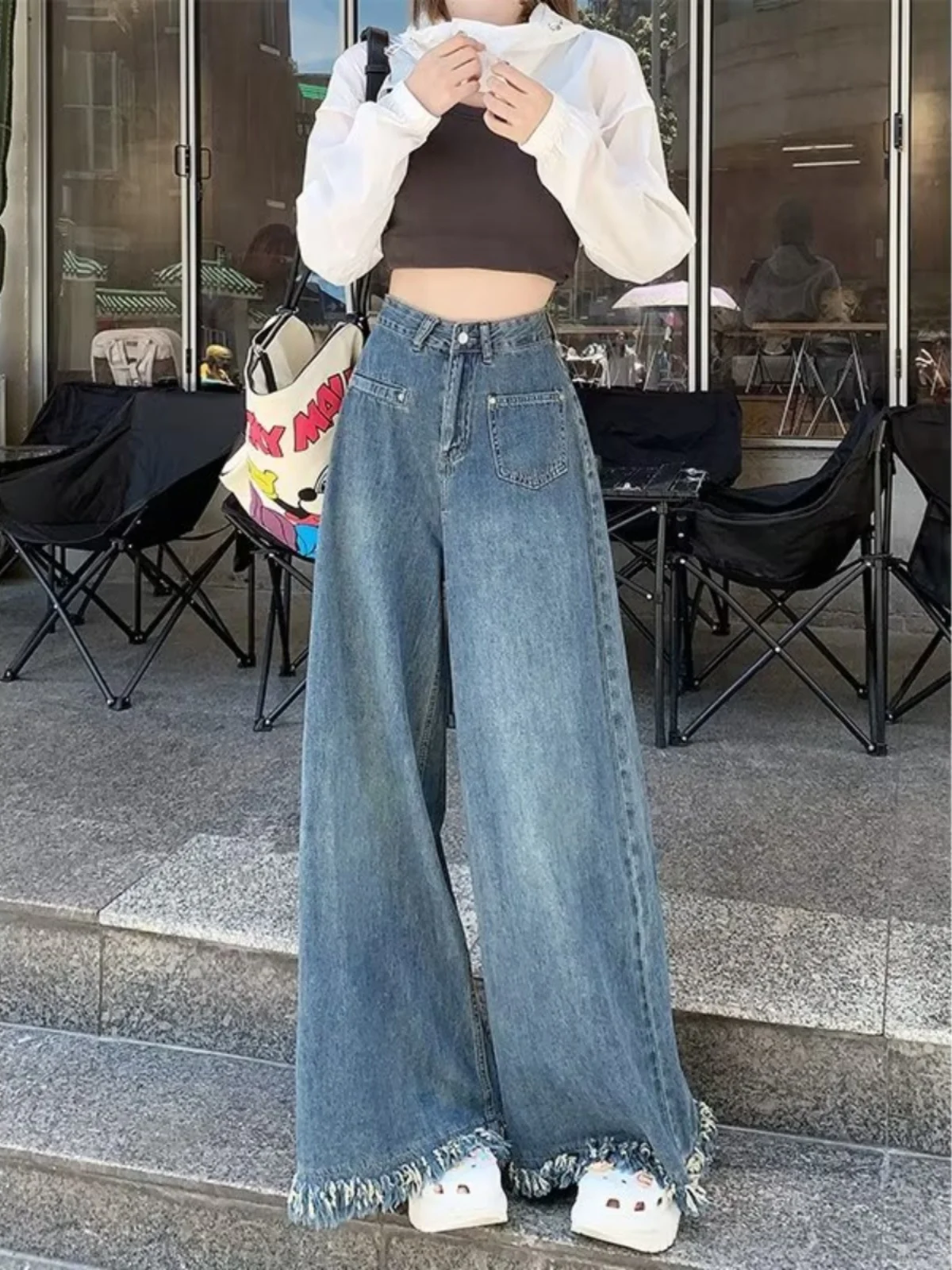 High Waist Straight Leg Jeans Women's Spring Autumn plus Size Pear Shape Body Design Sense Frayed Loose Slimming Wide Leg Pants