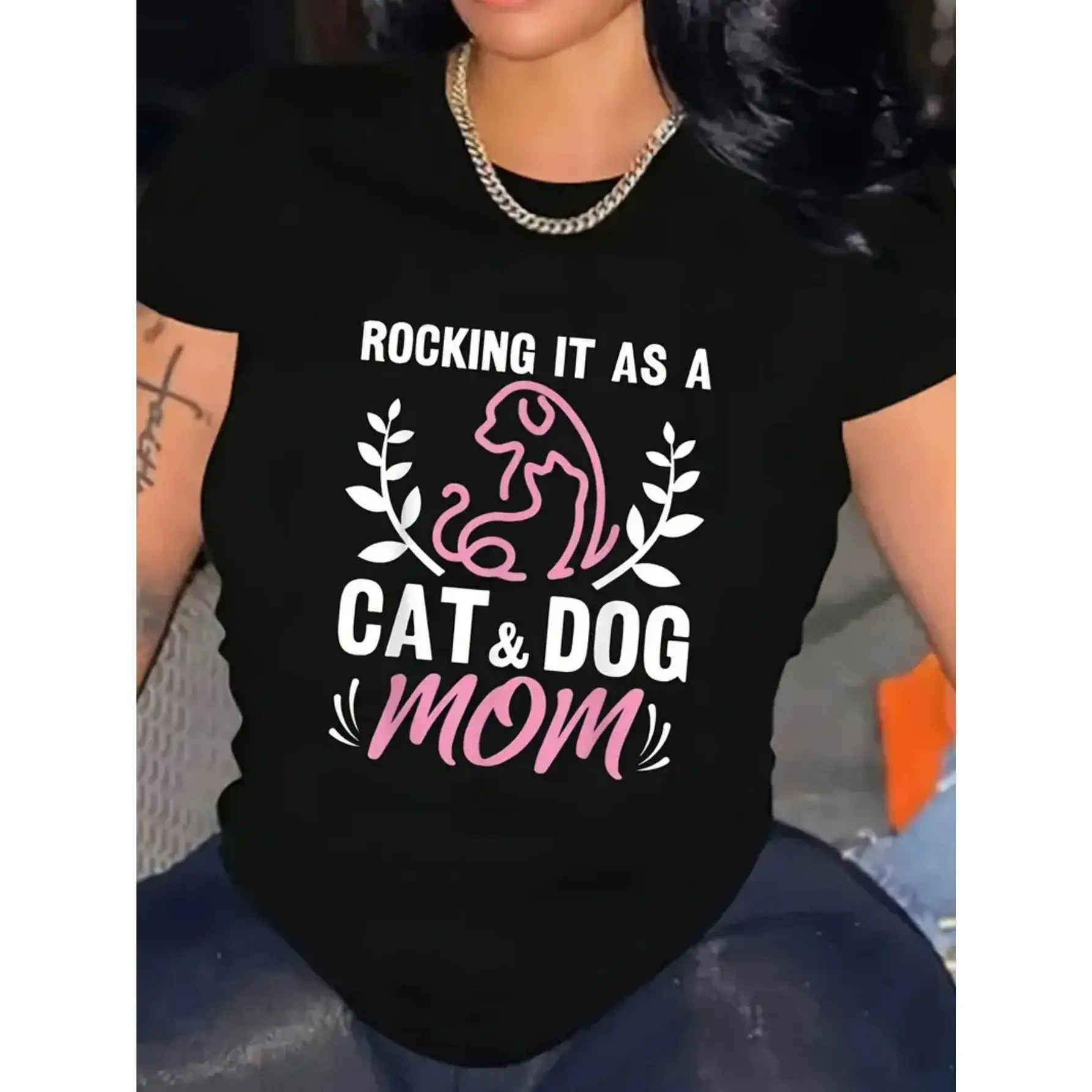 

ROCKING IT AS A CAT & DOG MOM T-Shirt Women Funny Cat Dog Mom Print Short Sleeve Casual Pet Lover Summer Top