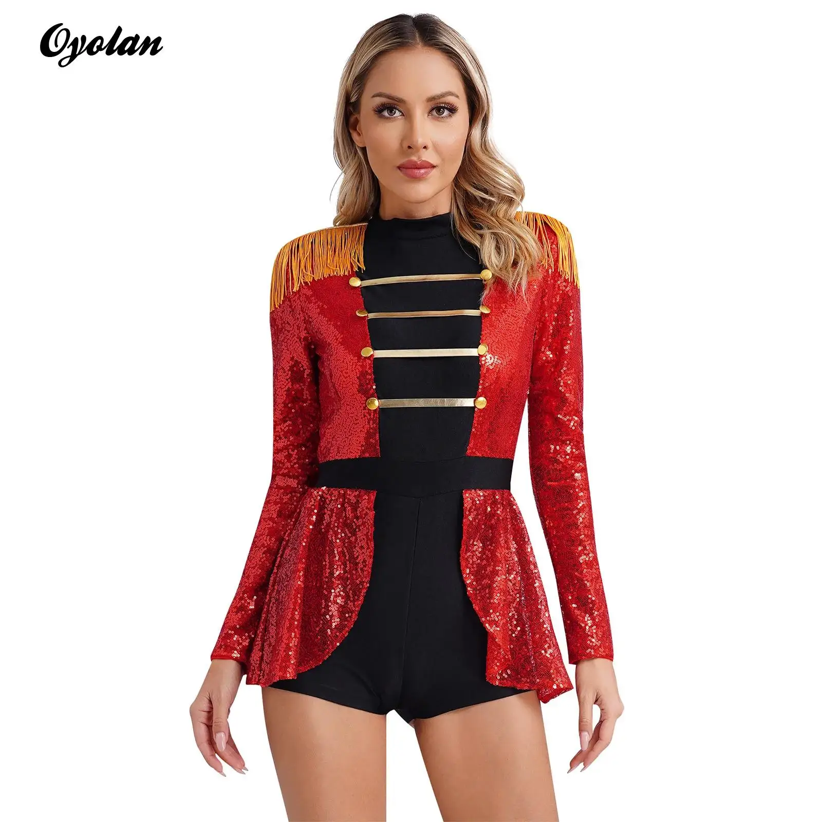 

Women Circus Ringmaster Marching Band Jumpsuit Shiny Sequin Tassel Epaulet Rompers Bodysuit Halloween Lion Tamer Cosplay Costume