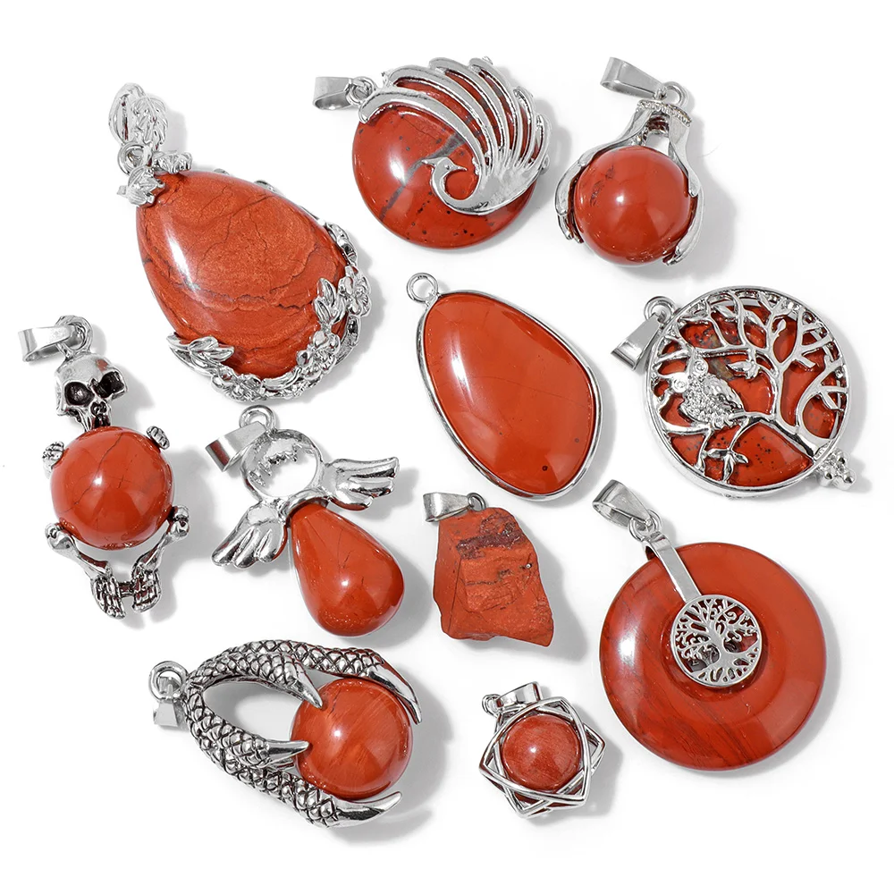 Fashion Red Jasper Stone Pendant Silver Color Metal Wrapping Charm Fit Jewelry DIY Necklace Earrings Bracelet Handmade 2PCS/lot