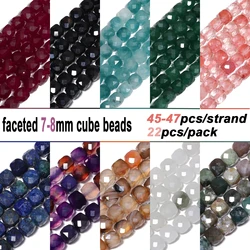 7-8mm Natural Stone Chalcedony Agate Lapis Lazuli Beads Faceted Cube Shape Beads for Jewelry Making Diy Beadings Accessories