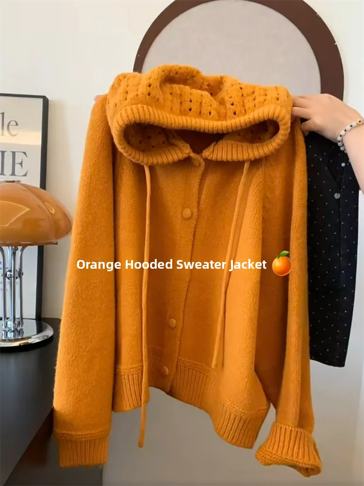 

Мягкий уютный вязаный кардиган с капюшоном тыквенно-оранжевого цвета для женщин, осенне-зимний, новый стиль, премиум-класс, свободный крой, длинный рукав