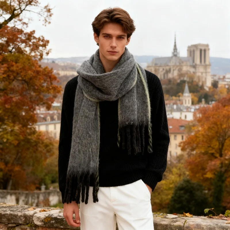100% Pure Velvet Gray Fashionable Versatile Handsome Men'S Scarf Neckerchief Autumn And Winter Warm Cold Protection Daily Commute/Street Trendy Halloween Christmas Valentine'S Day New Year Gift for Personal Use Or As a Gift