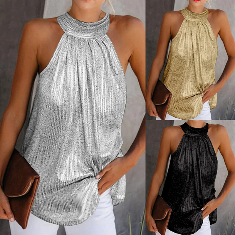 Sequined Elegant Halter Party Blouses for Women Summer Sleeveless Loose Shirts Tops Office Ladies  Y2K Clothing