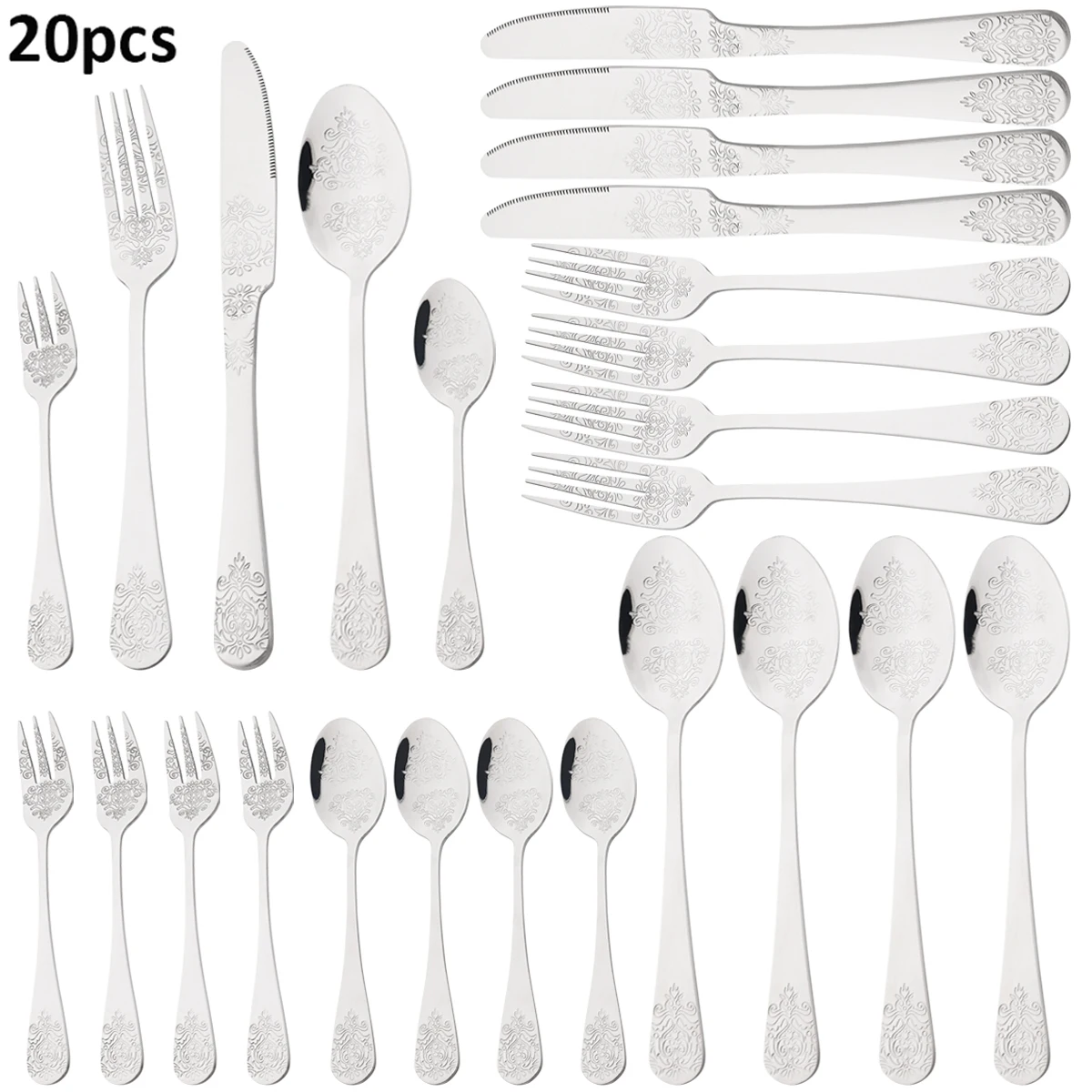 20pcs Silver Dinnerware Set Creative Carving Knife Fork Spoon Cutlery Mirror Stainless Steel Retro Flatware Kitchen Tableware
