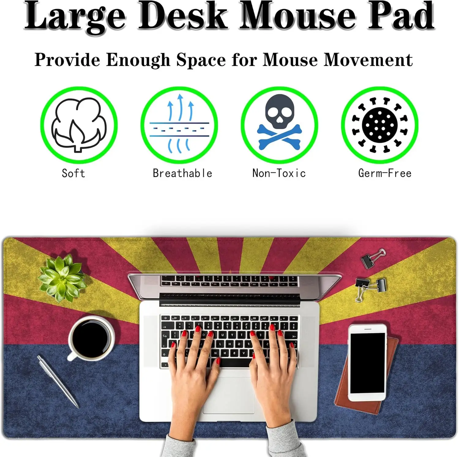 Arizona State Flag Yellow Desk Mat – Extra Large Non-Slip Gaming Mouse Pad for Men, Ideal for Work & Home Office