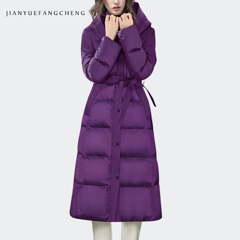 Fashion Lengthened Women Winter Down Jacket Over-knee Windproof Hooded Trench Coat Warm Lightly White Duck Down Padding Jackets