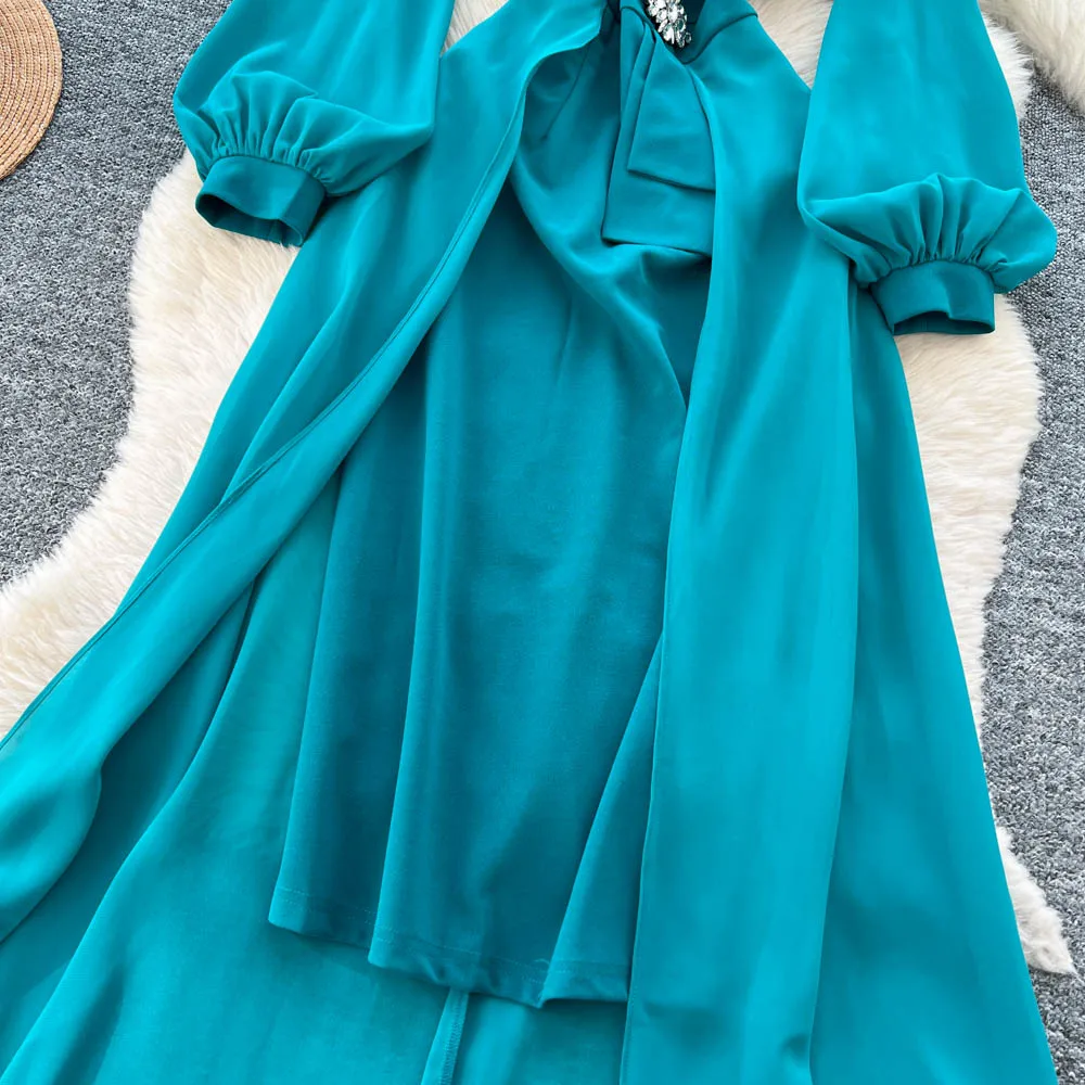 Sexy Elegant long sleeve V-neck mesh Party A-line dress Women evening korean fashion ceremony dresses