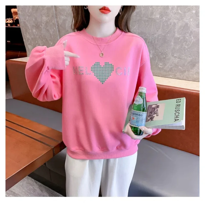 Women\'s Clothing Spring Autumn Round Neck Pullover Lantern Long Sleeve Geometric Rhinestone Casual Loose Screw Thread Tops